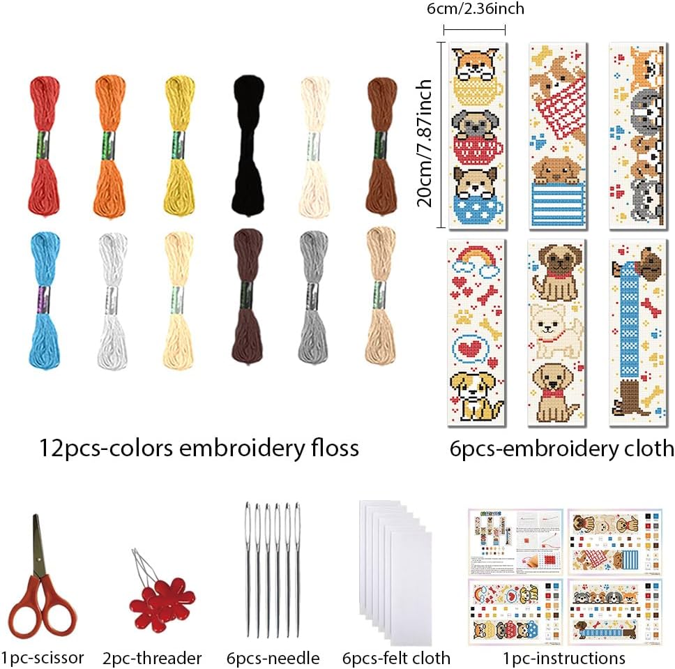 FREEBLOSS 6 Set Cross Stitch Bookmark Kits 11CT Puppy Pattern Stamped Cross Stitch Kit for Beginners with Instructions Embroidery Bookmark Making Kit for Adults 8x2.4inch