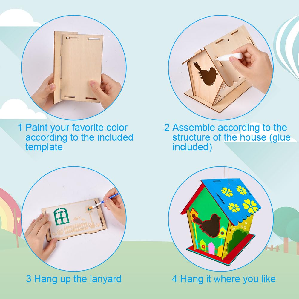 YFPOPONE Kit Fai Da Te Per 4 Casette Per Uccelli In Legno – Per Bambini, Con Colori E Pennelli, Attività Creativa Educativa