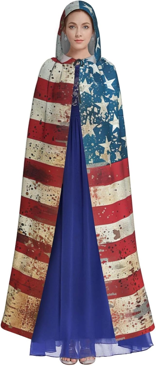 USA flag print Hooded Robe Cloak Long Cape Cosplay Costume Halloween Witch Cosplay Robe for Men Women