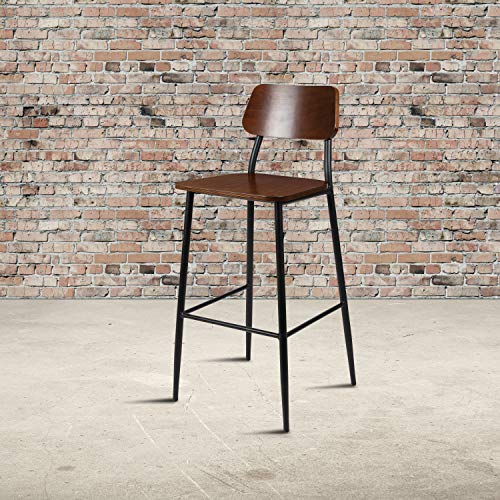 Butaco industrial EMMA + OLIVER con estructura en tono gunmetal y asiento de madera rústica | Estructura de acero
