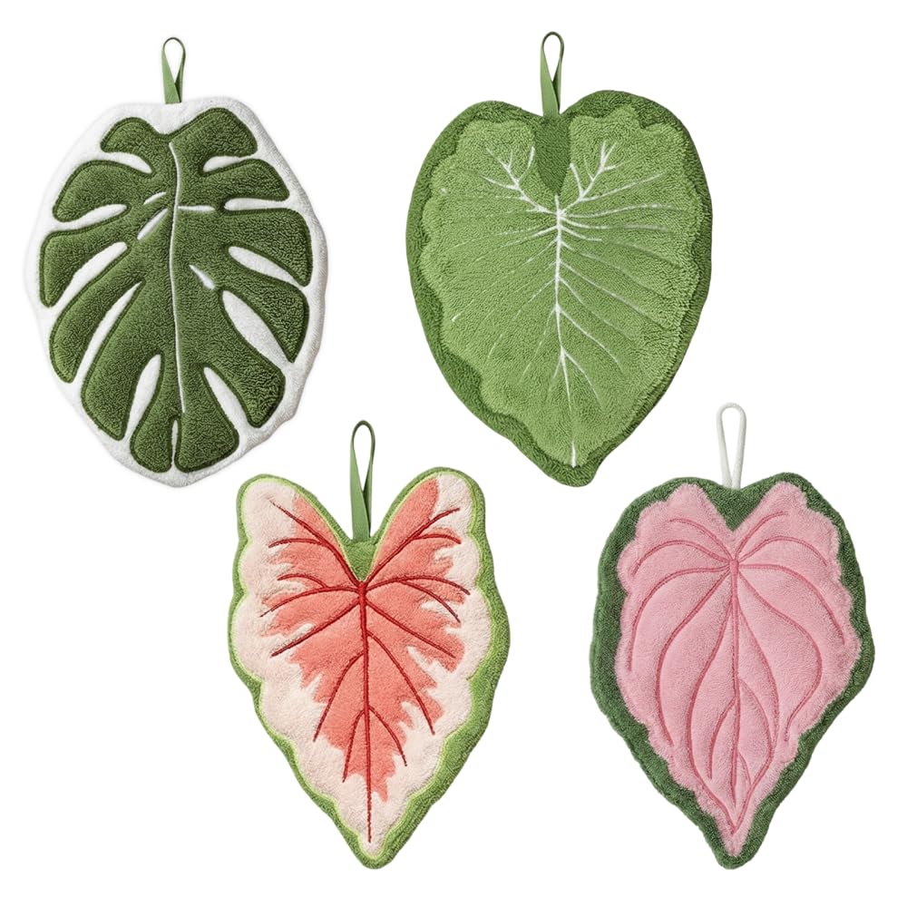 Bdkmms Coral Leaf Hand Towels, 4Pcs Fleece Decorative Plant Towel Hanging Absorbent Face Towels For Bathroom, Kitchen