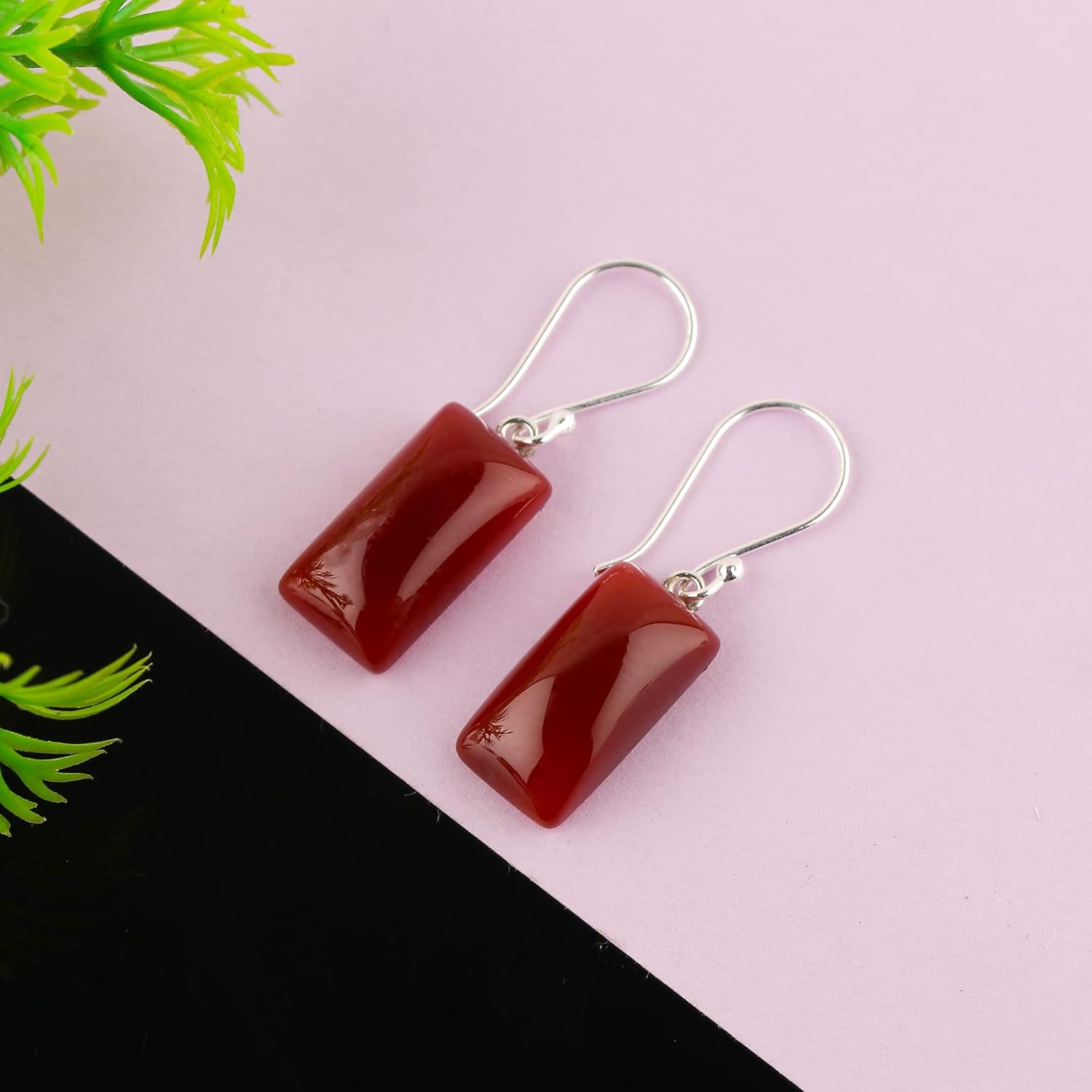 925 Sterling Silver Designer Earrings, Genuine Red Onyx Baguette Shape Gemstone Dangling Earring, Boho Handmade Jewelry, Birthstone, Elegant Statement Girls Earring, Birthday Gift - Image 4
