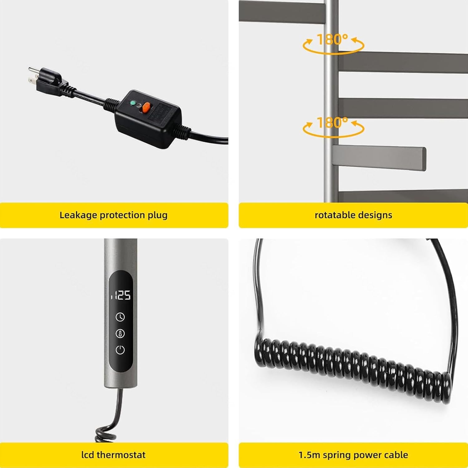 Electric Towel Warmer 180° Rotating, Heated Towel Rack with Timer, LED Display, Overheat Protection, Towel Drying Shelf for Bathroom Plug-in or Hardwired,White (Gray)