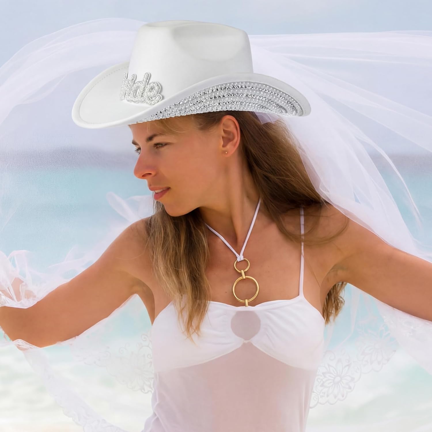 Hercicy Rhinestone Cowboy Hat with Diamond Fringe Bling Cowgirl Hat With Western Wide for Cosplay Wedding