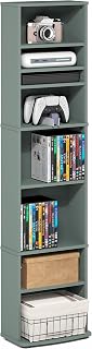 Furinno Jaya DVD Shelf, 8-Tier Tall Narrow CD Rack, Media Shelf with Adjustable Shelves, DVD Storage Cabinets for CD Bluray Game Disc, Easy Assembly, for Living Room, Home Office, Sage Green