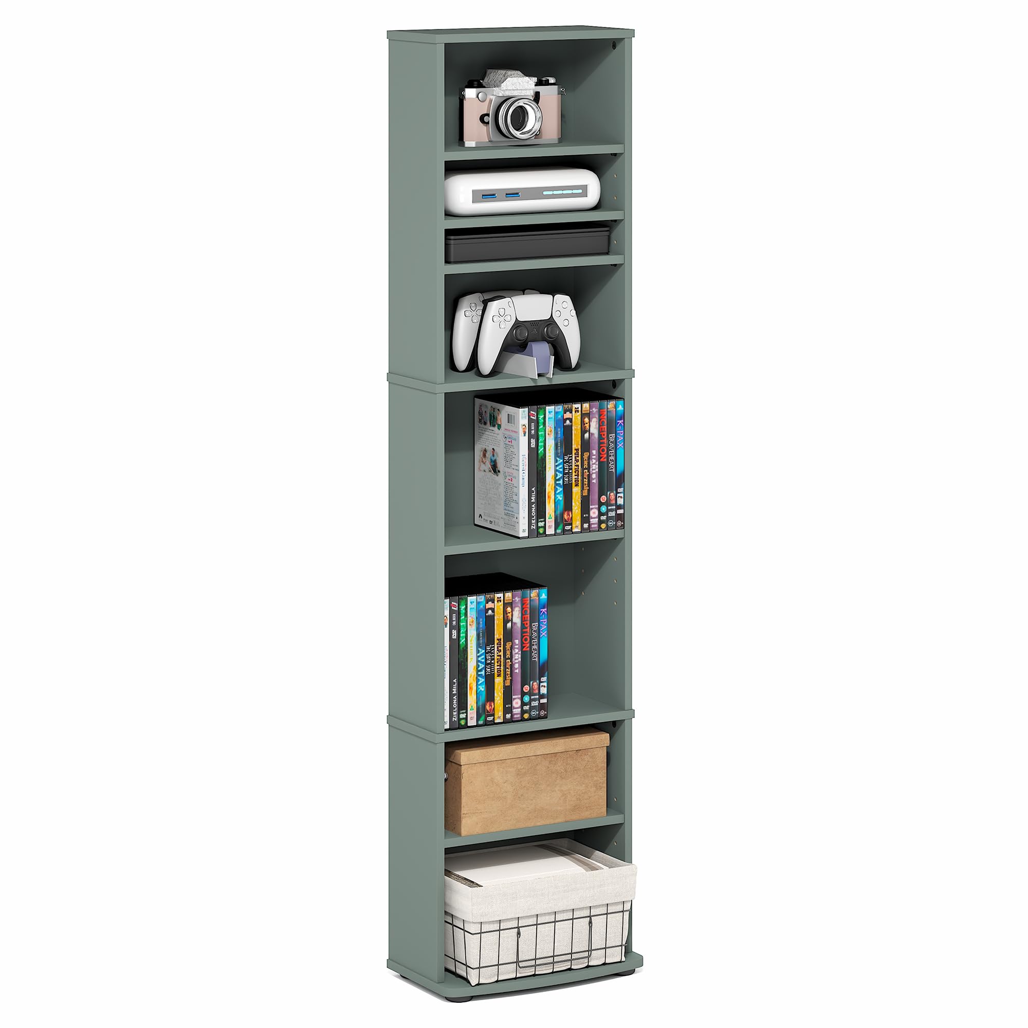 Furinno Jaya DVD Shelf, 8-Tier Tall Narrow CD Rack, Media Shelf with Adjustable Shelves, DVD Storage Cabinets for CD Bluray Game Disc, Easy Assembly, for Living Room, Home Office, Sage Green