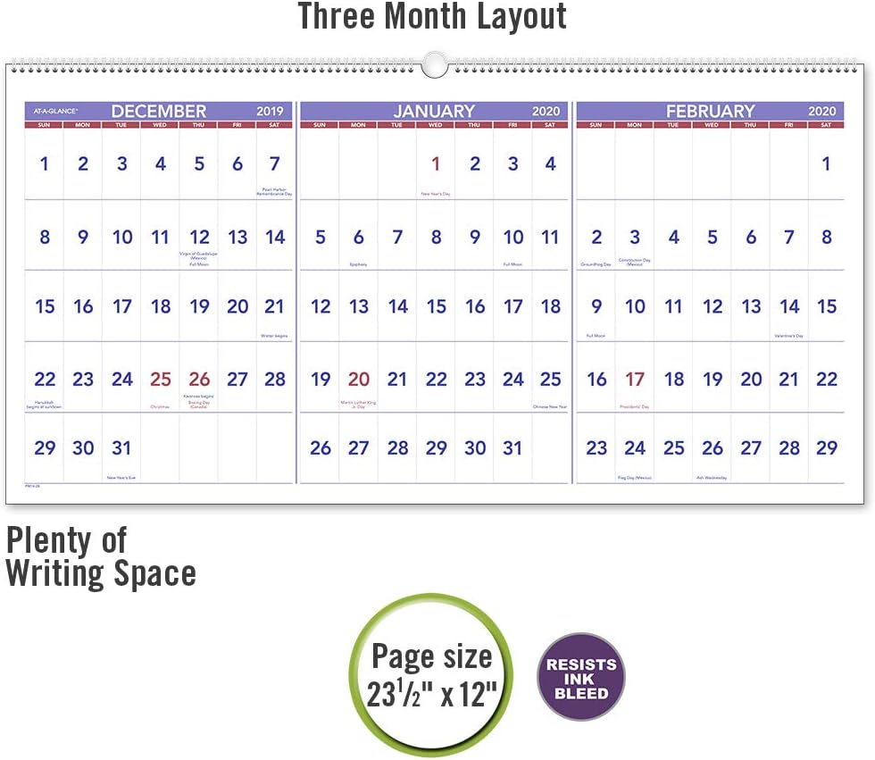 AT-A-GLANCE 2020 Wall Calendar, 3-Month Display, 23-1/2" x 12", Large, Wirebound, Horizontal (PM1428)