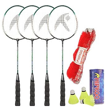 Hipkoo Sports Toofani Aluminum Badminton Complete Racquets Set | 4 Wide Body Rackets with Cover, 3 Shuttlecocks and Net | Ideal for Beginner | Lightweight & Sturdy (Green, Set of 4)