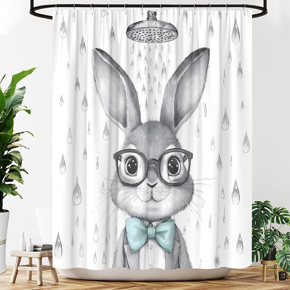 Cute Bunny Shower Curtain Funny Easter Rabbits Minimalist Modern Fabric Bathroom Decor Curtains with Hooks, 90" Wx70 H