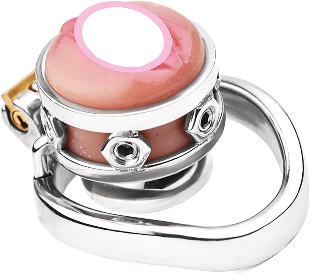 Male Stainless Steel Chastity cage Lock with Spikes Simulated Silicone Pink Vagina, Male Disguised as Female, Penis Cage Cock Ring JA-011 (Ring 45mm/1.77'', Curved Base Ring)