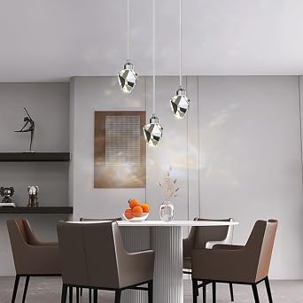 Modern Crystal Pendant Light, 3-Color LED Crystal Pendant Lamp, Adjustable Height Silver Ceiling Hanging Lamp, for Kitchen Island Bedroom Living Room Dining Room Lighting 3-Head Round Base