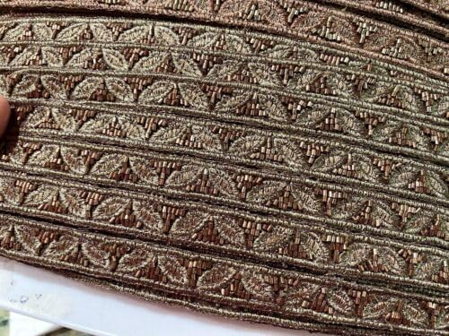 Brown Copper Embroidered Trim Hand Sewn Leaves Glass Beads 5/8" Brown Copper 1yd Fabric