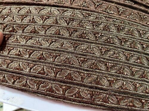 Brown Copper Embroidered Trim Hand Sewn Leaves Glass Beads 5/8