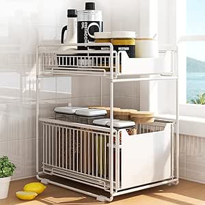 Organizzatore Scorrevole Per Sotto Lavello - 2 Ripiani Con Cassetto, Metallo Bianco - Per Cucina, Bagno O Camera - Carico 10 Kg, Facile Da Montare - Foto 6