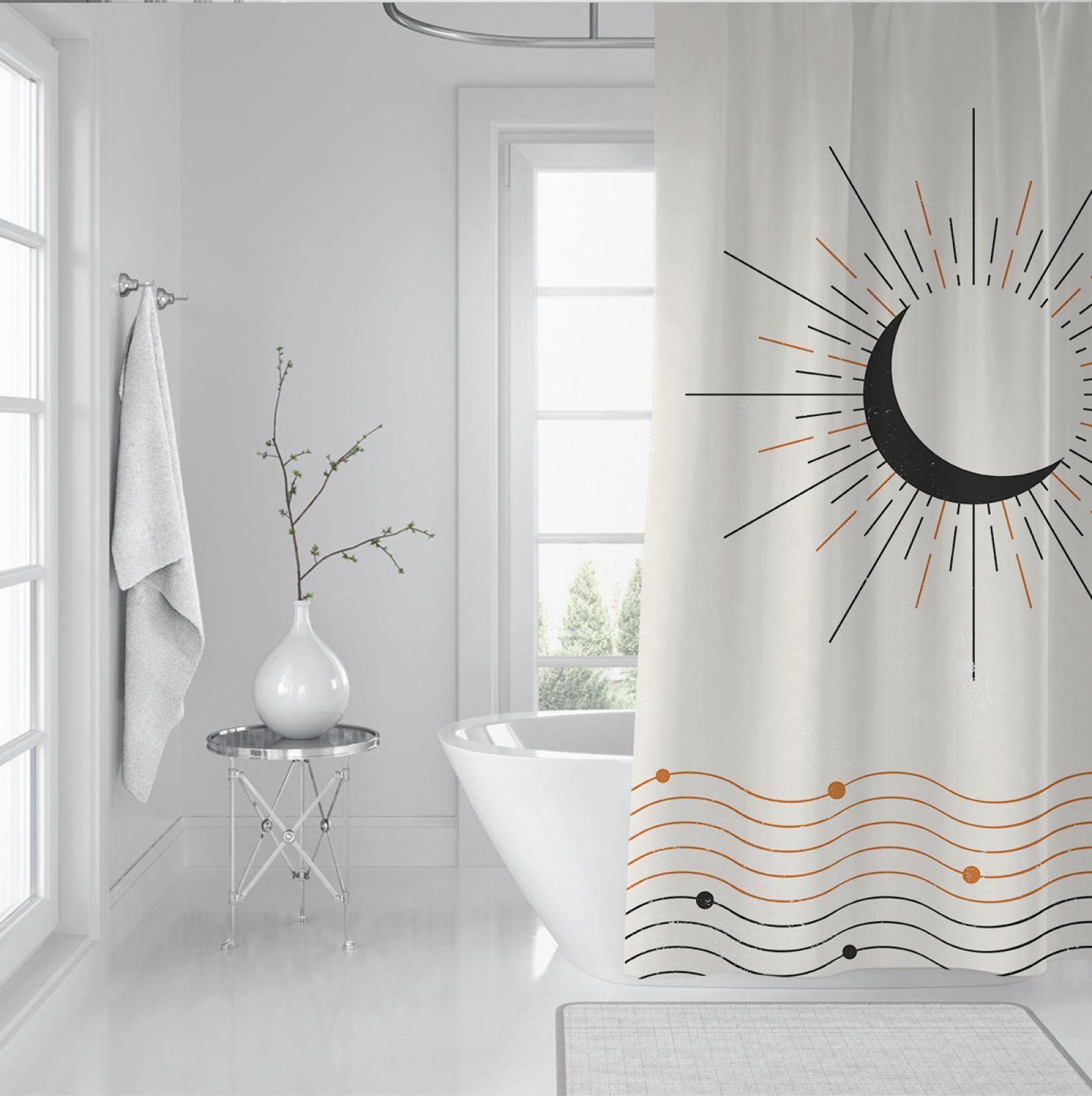 Cortina de Ducha rústica Línea de Forma de Sol Conjunto de Cortinas de Ducha Juego de Cortinas de Ducha de Tela Impermeable de Alta Resistencia con 12 Ganchos para baño 180x200 cm