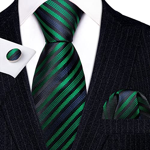 Image of Barry.Wang Man Stripe Ties Set Silk Woven Pocket Square Necktie Cufflinks Formal Party Business