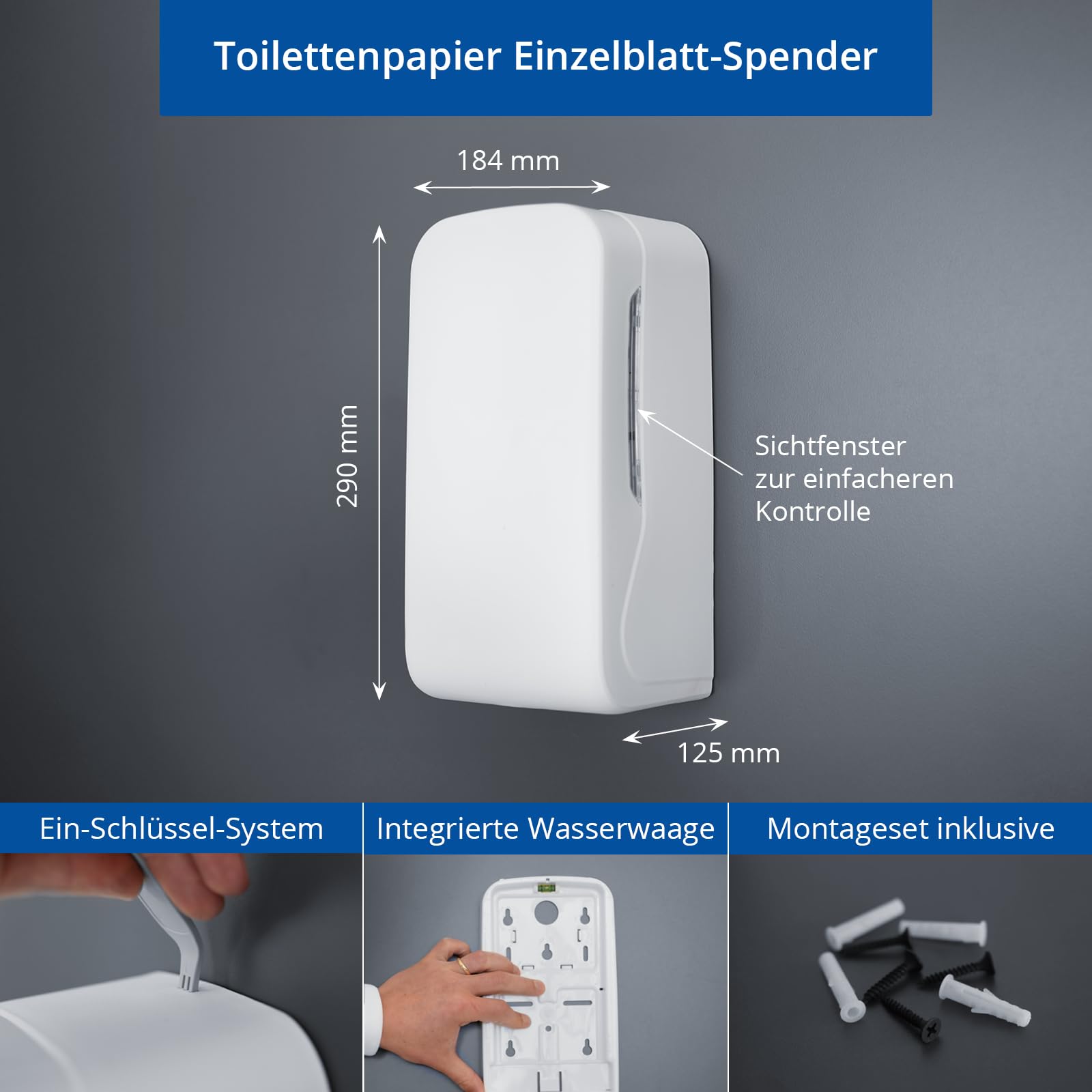 HypaFol Toilettenpapierspender Set Einzelblatt-System und Einzelblattpapier, weiß matt – abschließbar, hygienisch, modernes Design, für Gewerbe & WC
