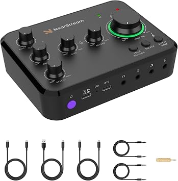 NearStream Audio Interface for Recording, Streaming, Podcasting, Rechargeable Audio Mixer with Pro-preamp, 8 Channel, XLR, 48V Phantom Power, Line & DI Inputs, Bluetooth, for PC & Smartphone AMIX20B