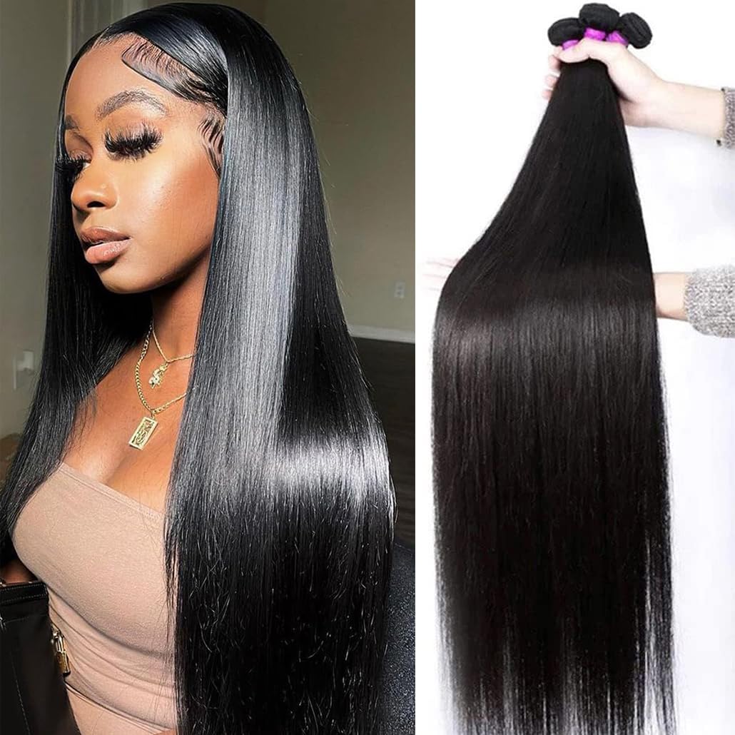 Straight Bundles Human Hair 20 22 24 26 Human Hair 4 Bundles 100% Unprocessed Remy Hair Bundles Raw Hair Extensions Natural Color for Women