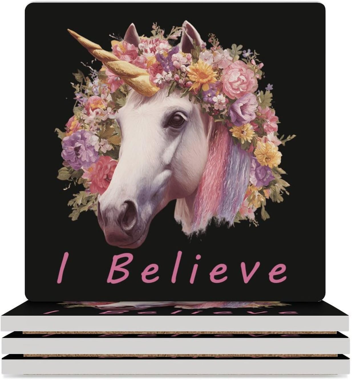 I Believe Un-icorns Coaster for Drinks Square Ceramic Table Coasters Stone Mat Crafts 4PCS Home Kitchen Decor