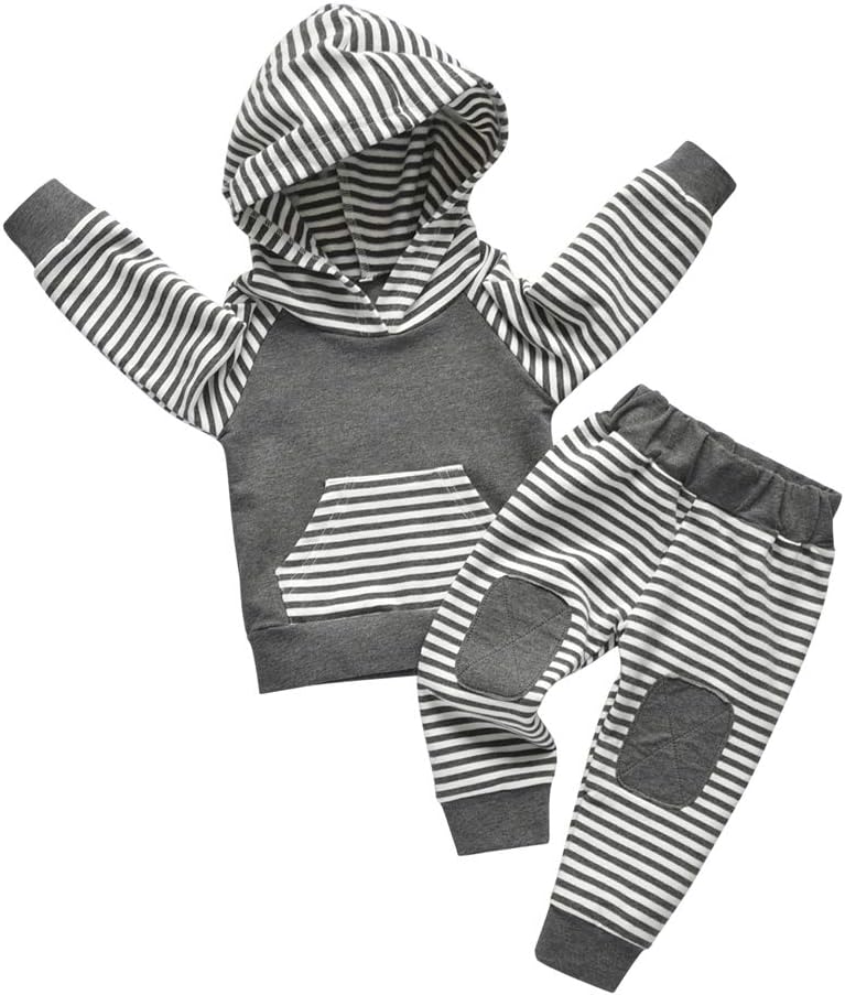 Toddler Infant Baby Boy Clothes Striped Long Sleeve Hoodie Tops Sweatsuit Pants Outfit Set (2-3T) Grey