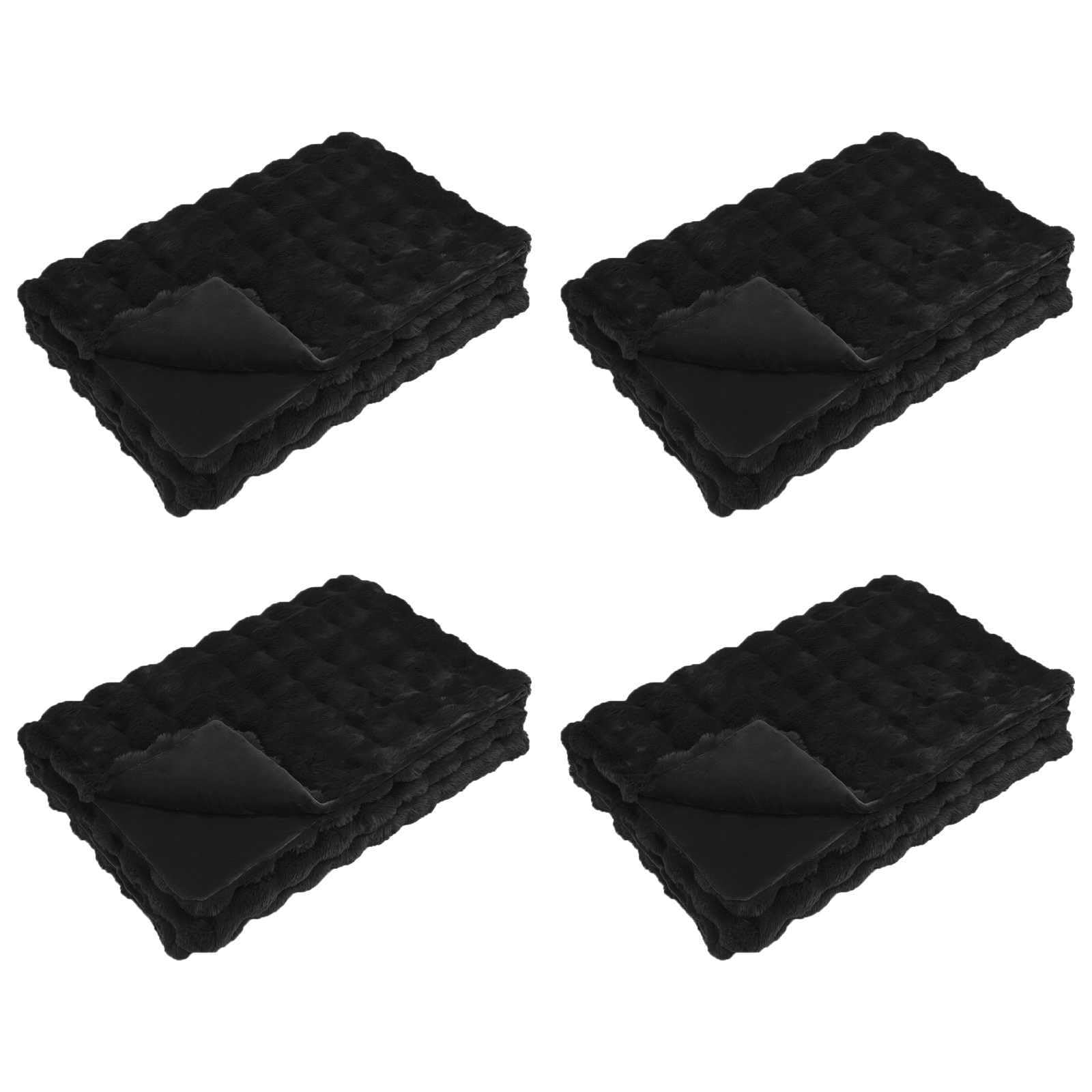 QZZCED Olite 4 Pcs Anti-Slip Faux Rabbit Fur Blanket, Black Polyester Plush Bubble Texture Throw for Couch, Soft Cozy Indoor Bedding