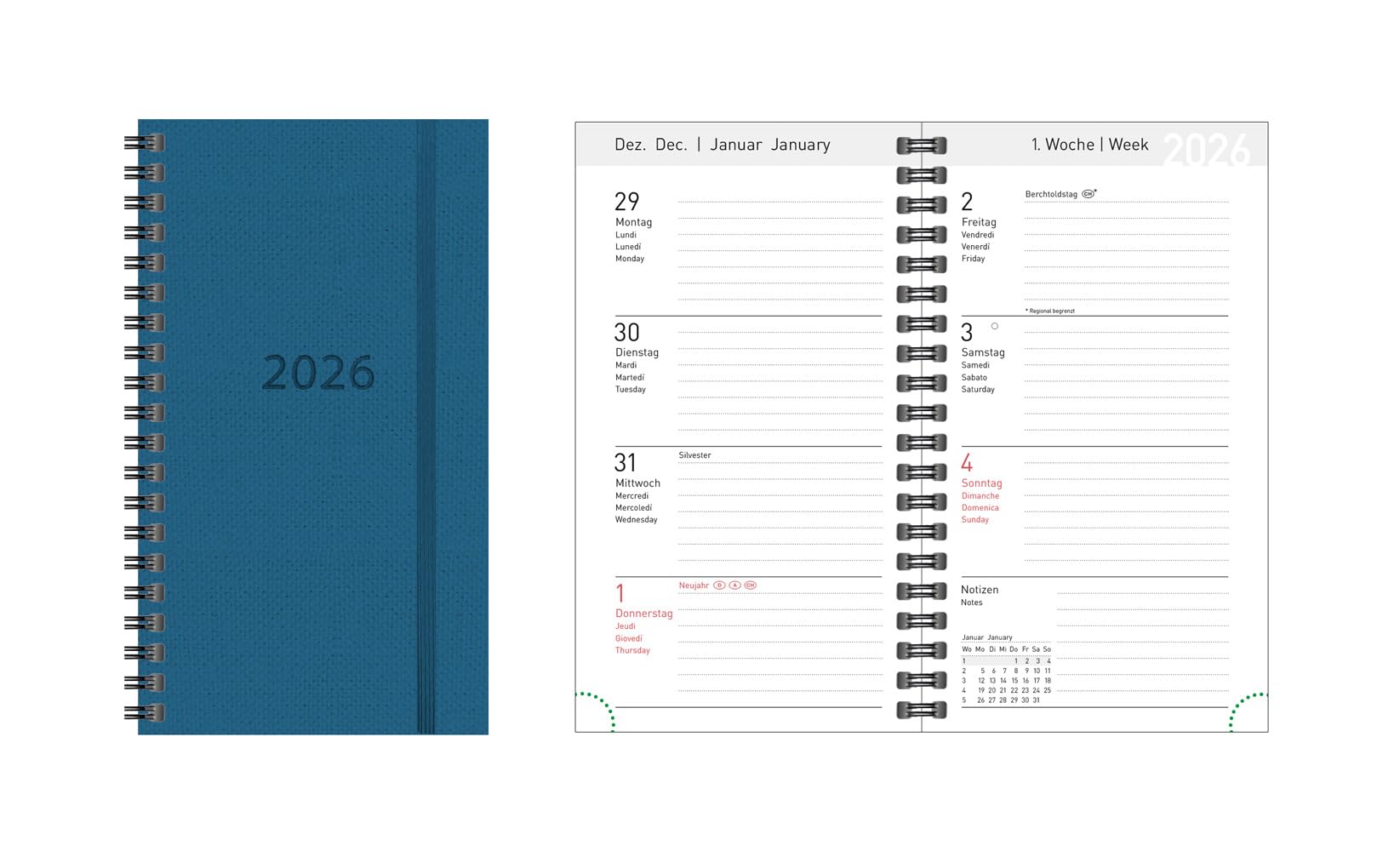 Idena 12089 Pocket Diary 2026 in Format 8.7 x 15.3 cm, 1 Week on 2 Pages, Appointment Calendar with Hardcover Cover in Blue and Spiral Bound
