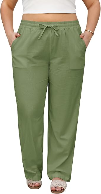 HEEKPEK Womens Plus Size Linen Pants Straight Leg Elastic Waisted Adjustable Drawstring Palazzo Casual Trousers with Pockets