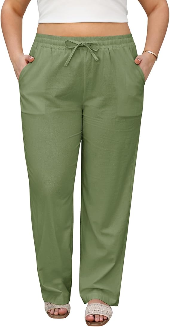 HEEKPEK Womens Plus Size Linen Pants Straight Leg Elastic Waisted Adjustable Drawstring Palazzo Casual Trousers with Pockets