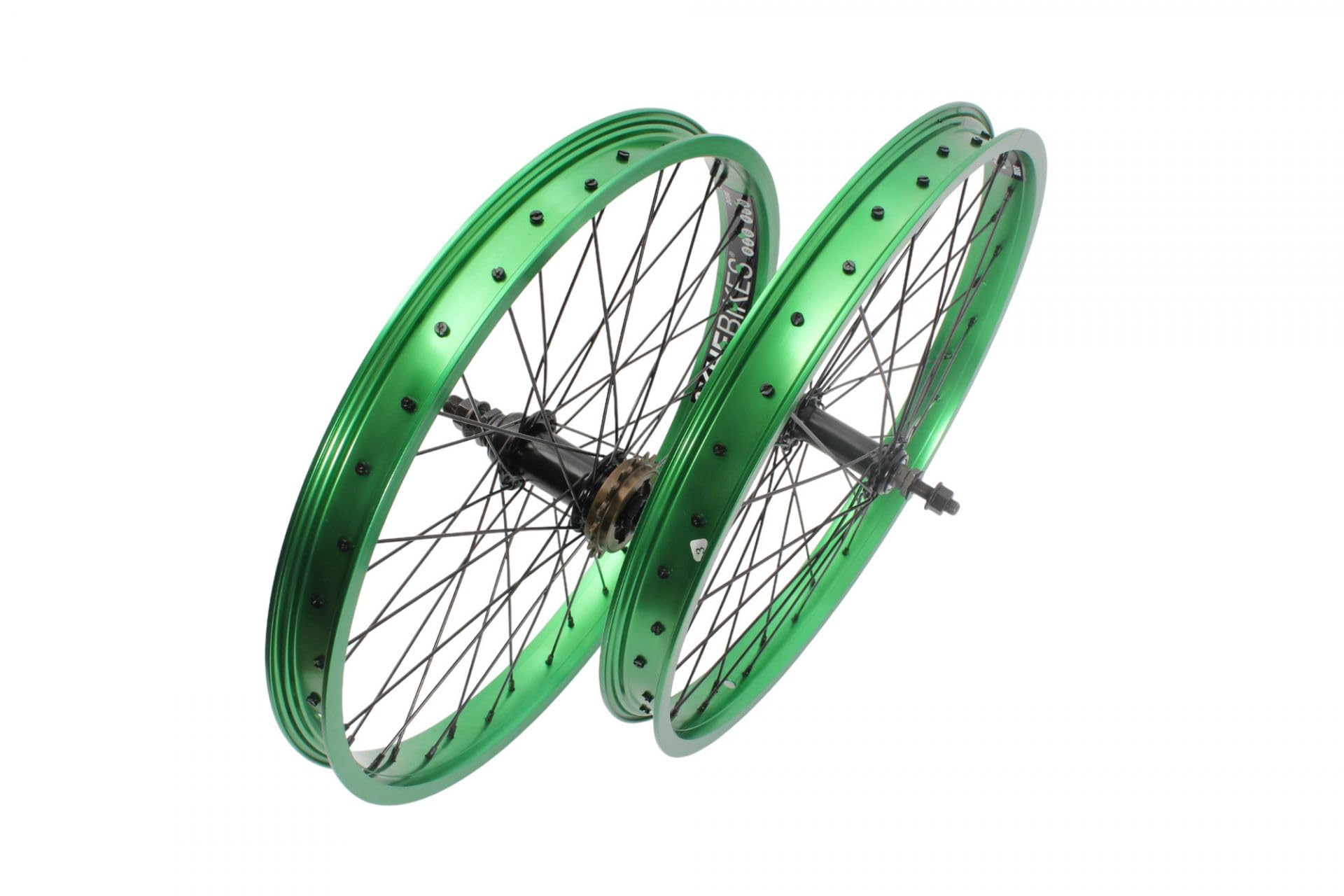 KHE Prism BMX zestaw kółek biegowych, 20 cali, zielone anodowane, szerokość obręczy 38 mm, 16 zębów, wolne koło zębate
