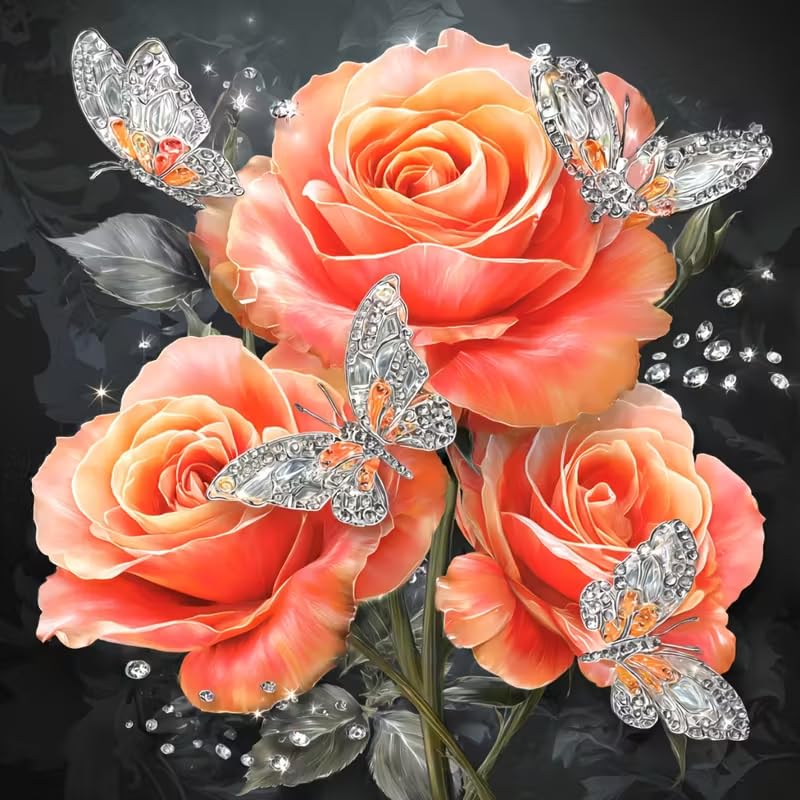 Rose Diamond Art Kits for Adults,Butterfly Diamond Painting Kit for Beginner,5D Diamond Painting DIY Full Drill Diamond Dots Diamond Painting with Tools,Gem Craft for Home Wall Decor 13.7x13.7in