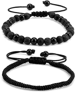 2pcs Men Bracelet, Black Onyx Obsidian Volcanic Rock Beaded Style and Braided Rope Style Bracelets for Men