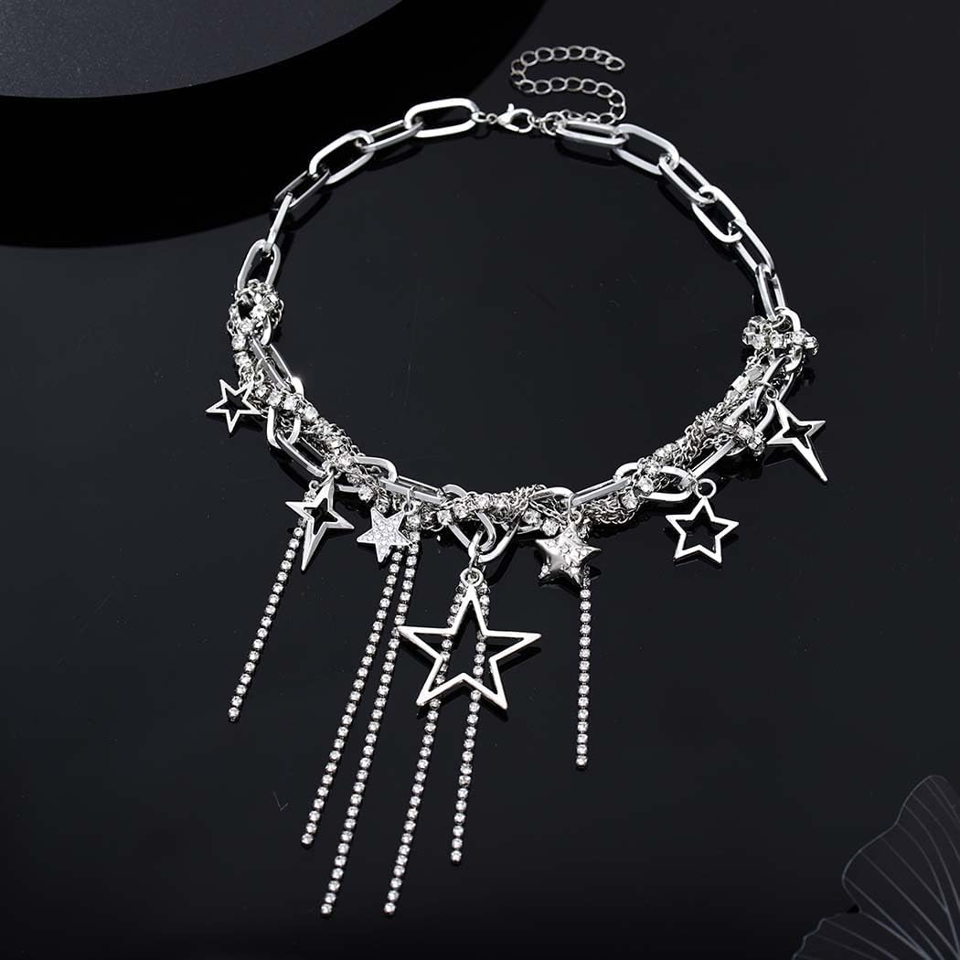 Yalice Punk Silver Choker Necklaces for Women Gothic Heart Star Pendant Necklace Chain with Rivet Grunge Y2K Rhinestone Jewelry Gifts - Image 3