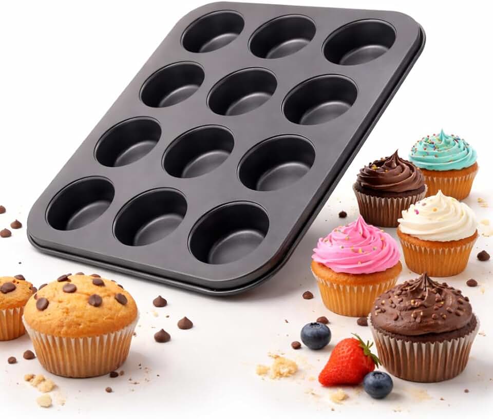 Forma de Cupcake 12 Cavidades, Aço Carbono, Antiaderente, Preta, para Muffins e Doces