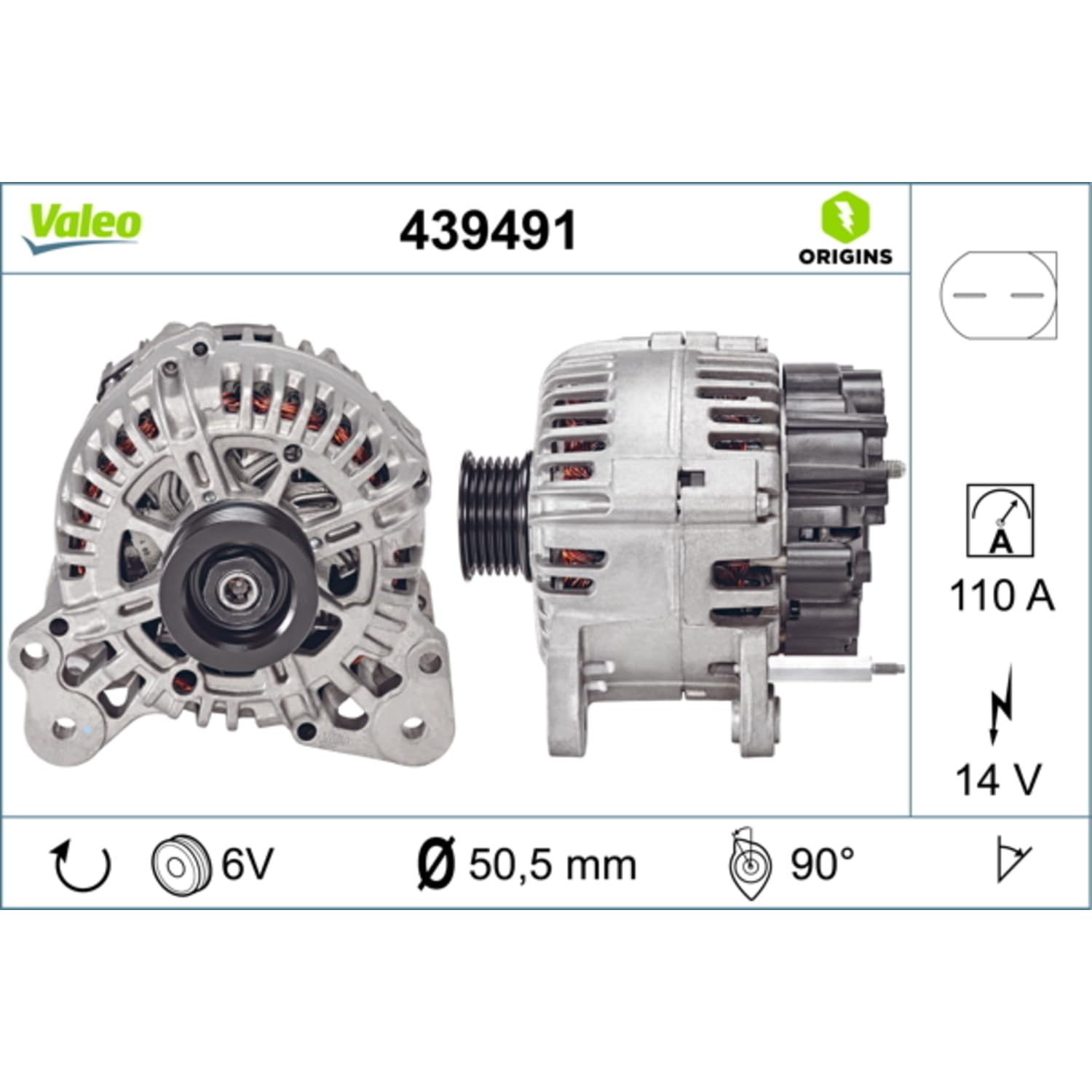 Valeo Alternator 439491 - 110 Amp - 6 Rowki - 14 V