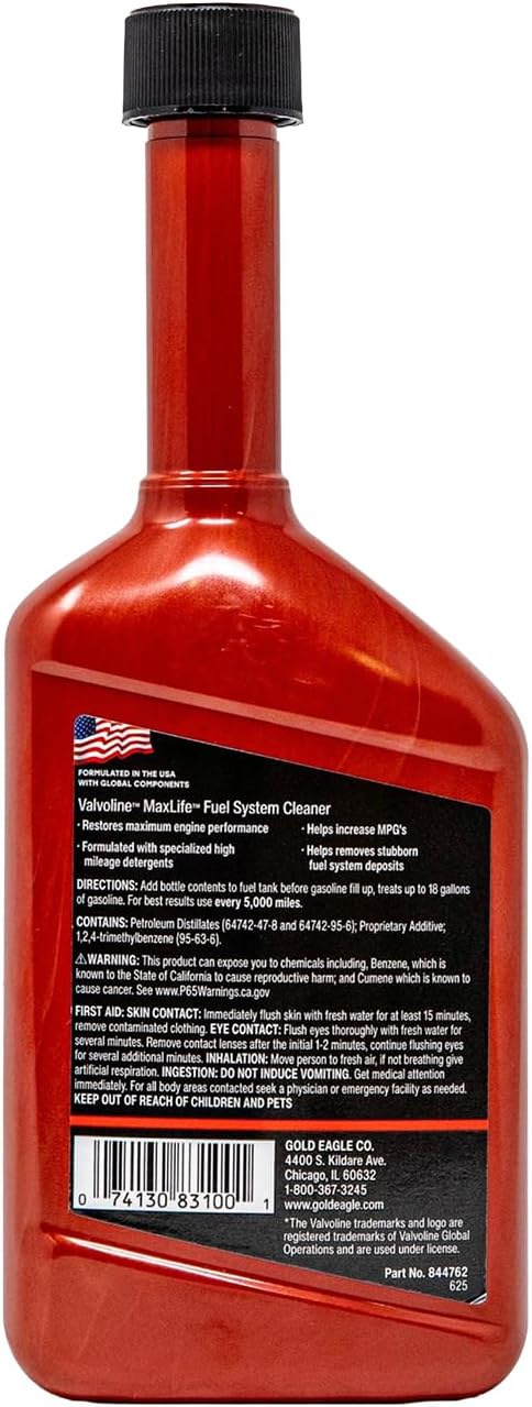 Valvoline MaxLife High Mileage Complete Fuel System Cleaner, Removes Carbon, Gum and Varnish Restores, Performance Improves Efficiency Protects Against Future Buildup, 12oz