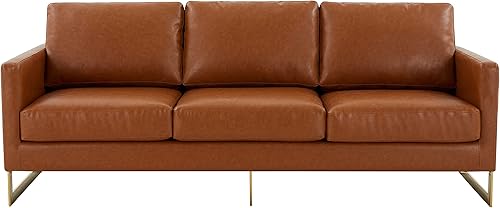 Miniatura 4 de LeisureMod Lincoln Modern Mid-Century - Sofá tapizado de piel de 83 pulgadas con marco dorado, color blanco