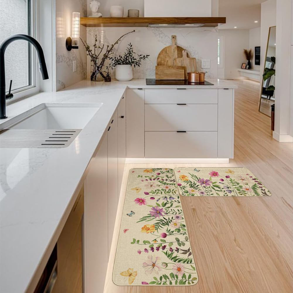 ARKENY Floral Spring Kitchen Mats Set of 2, Kitchen Rugs and Door Mats, Home Decor Low-Profile Flowers Kitchen Rugs for Floor - 17x29 and 17x47 Inch AKM058