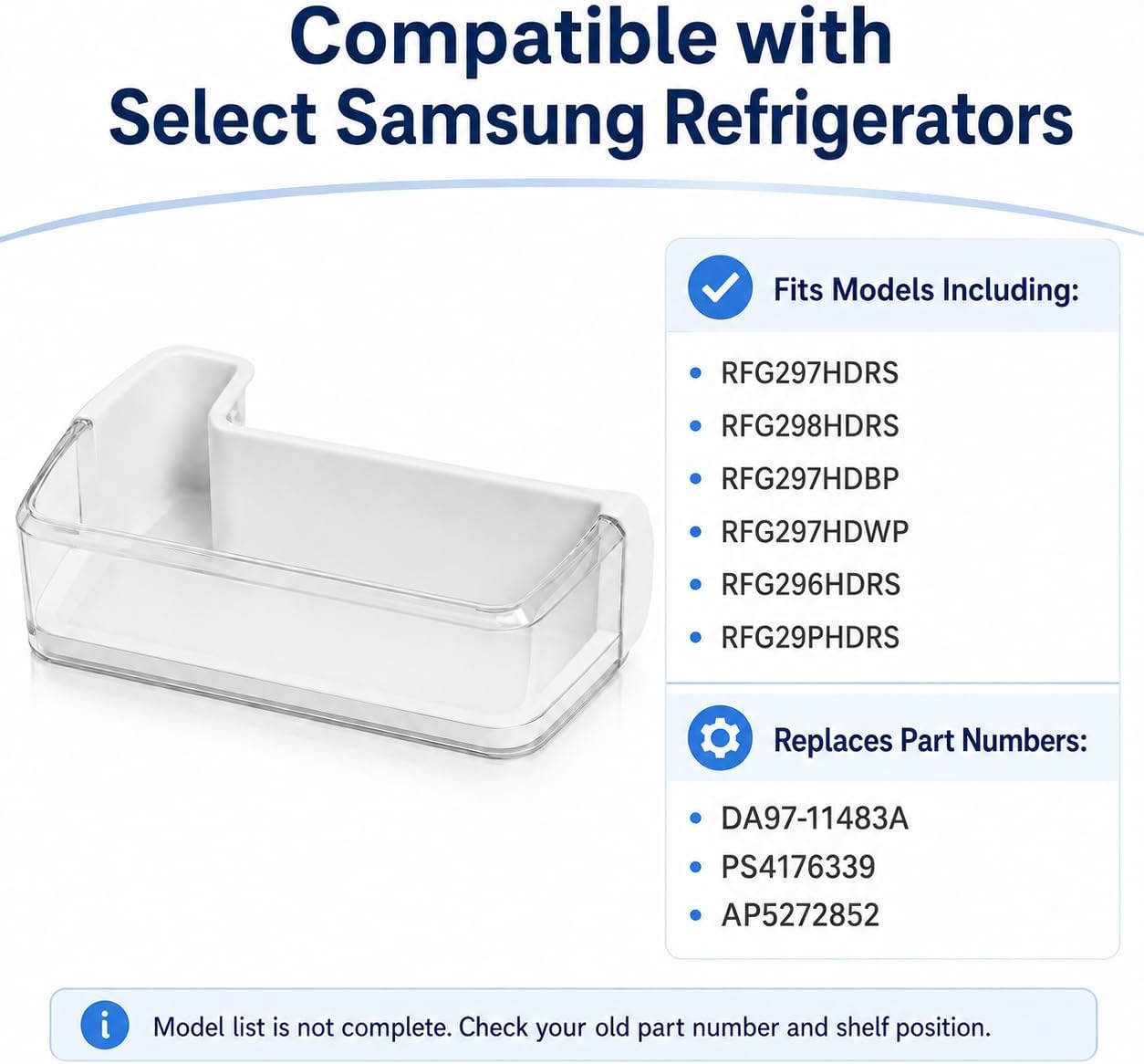 DA97-11483A Refrigerator Door Shelf Bin Replacement, Compatible with Sam-sung Refrigerators, Fits RFG297HDRS RFG298HDRS RFG297HDWP RFG29PHDRS, Replaces PS4176339 AP5272852, Left Door Bin Clear