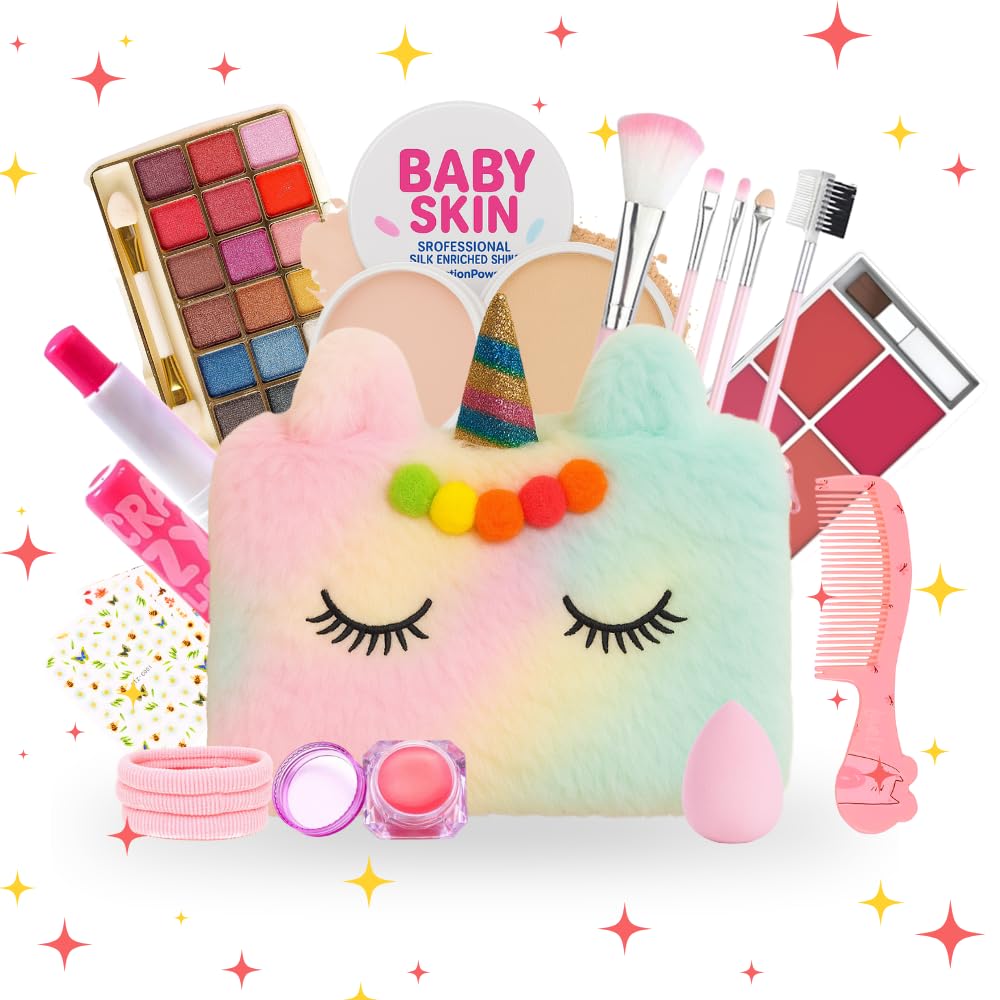 Real Makeup Kit for Girls & Teens – 21 PCS Safe & Washable Beauty Set with Unicorn Fur Bag – Non-Toxic Cosmetics for Ages 7–16 – Gift Set with Brushes, Lip Gloss, Blush & More-image-34