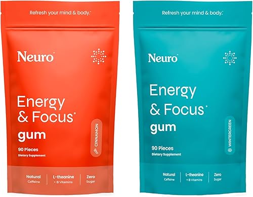 Paquete de goma Neuro Energy & Focus  Canela (90 unidades) + gaulteria (90 quilates), cafeína natural, L-teanina, B12 y B6, suplemento de apoyo