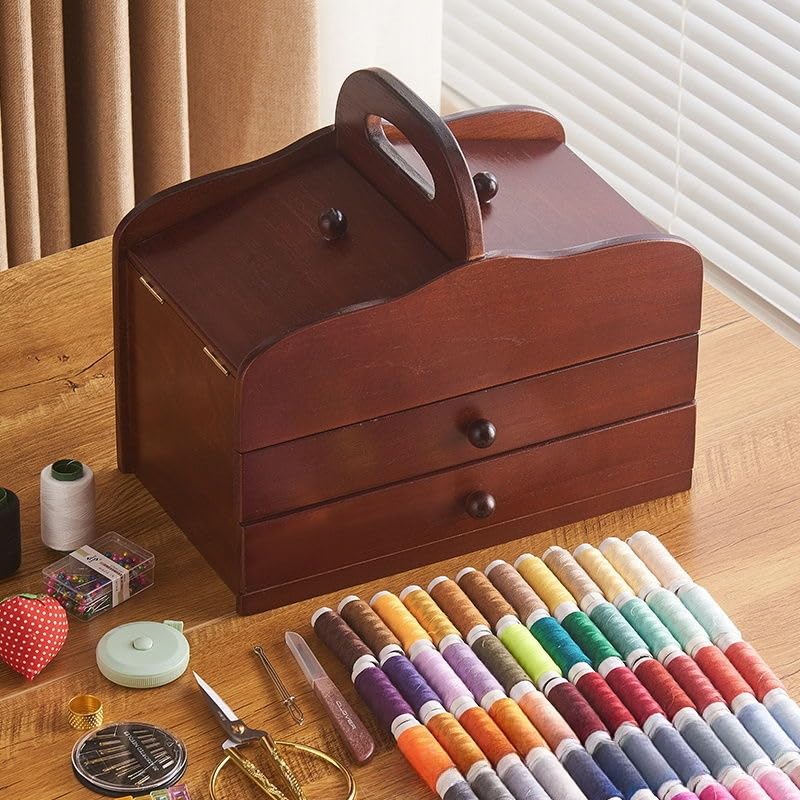 Costurero de Madera con Compartimentos, 30 x 18 x 17,5 cm, portátil, con Acabado de Madera, Ideal para organizar Manualidades y sastrería.