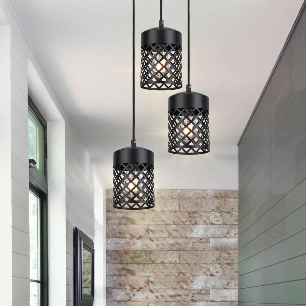 XiNBEi Lighting 3-Light Cluster Pendant Light Fixtures, Farmhouse Adjustable Kitchen Island Lighting Metal Cage Black Hanging Lights for Kitchen Staircase Entry Dining Room XB-P328-3-MB