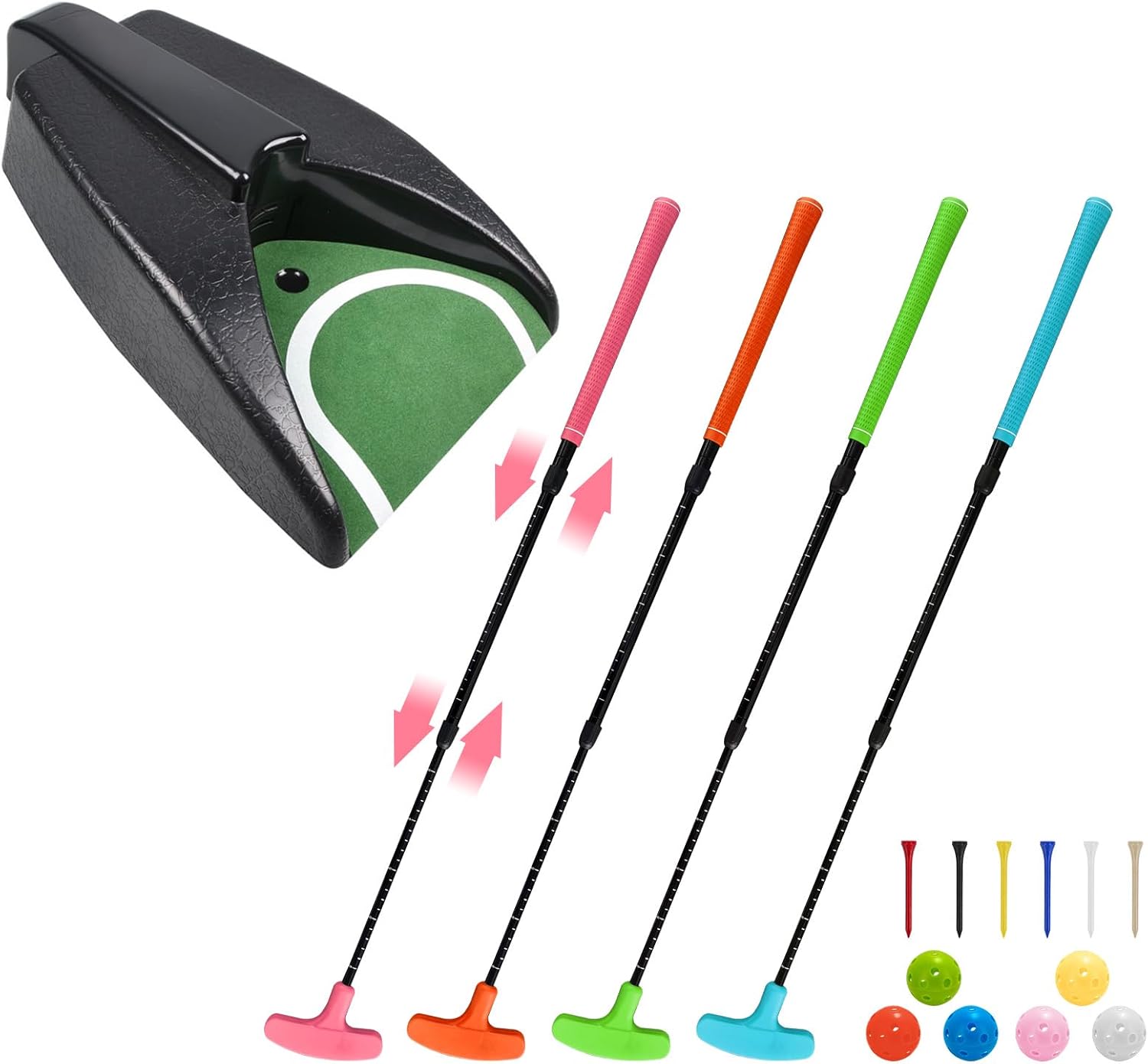 Golf Putting Green Training Set, 4 Pack Multicolor Adjustable Putters with Automatic Ball Return and 6 Practice Balls, Indoor Outdoor Putting Practice Kit for Home Office, Right/Left Handed