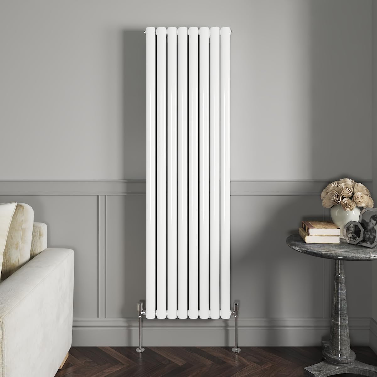 NRG 1600x472mm Vertical Gloss White Double Oval Panel Radiator with Valves