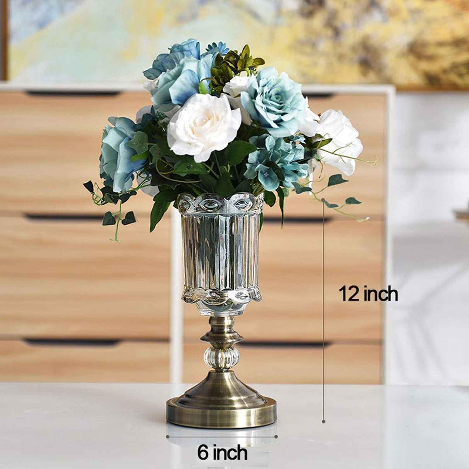 Ramo de Flores Artificiales con jarrón de Cristal, decoración para el hogar, la Oficina, la Boda, el Centro de Mesa del Comedor, bonsái de Flores Falsas