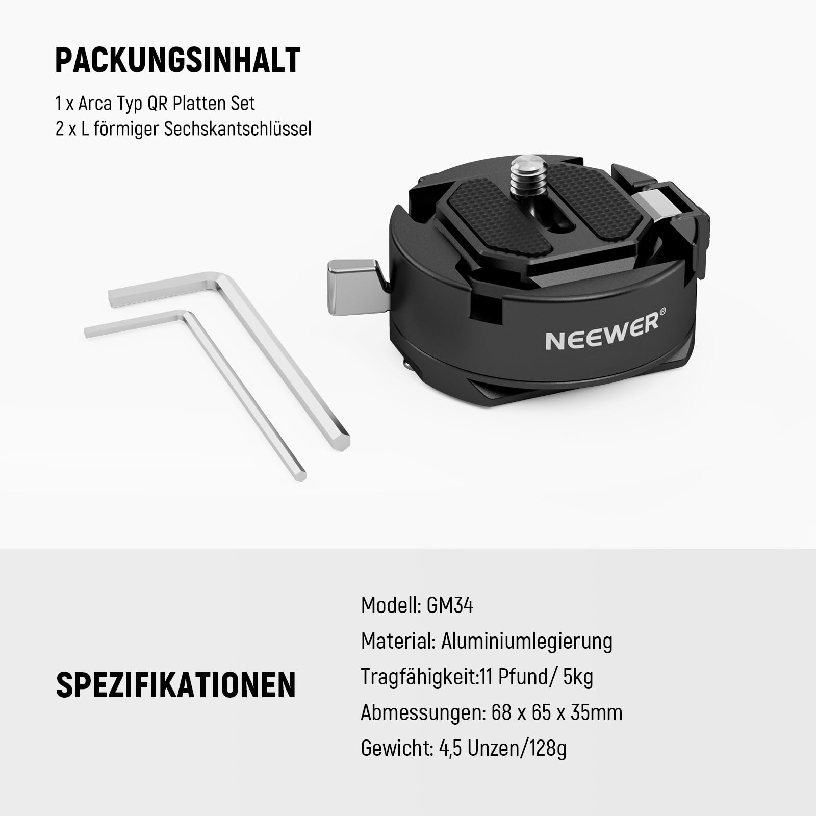 NEEWER GM34 Kamera Schnellwechselplatten Set, Schnellwechsel Automatikverriegelung, quadratische QR Montageplatte mit Arca Klemme, kompatibel mit Arca Swiss, Kameraklammer, maximale Belastung 11lb/5kg