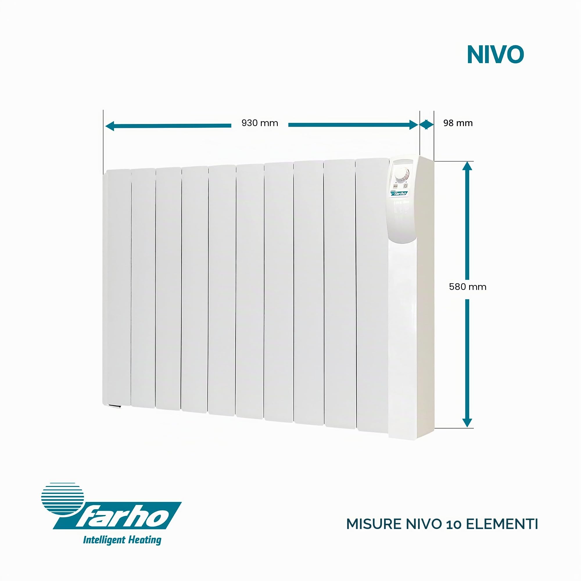 Farho Radiatore elettrico Nivo 1100 W - Emettitore termico programmabile a basso consumo con protezione termica - Radiatori elettrici efficienti per saloni fino a 18 m² - 3 anni di garanzia