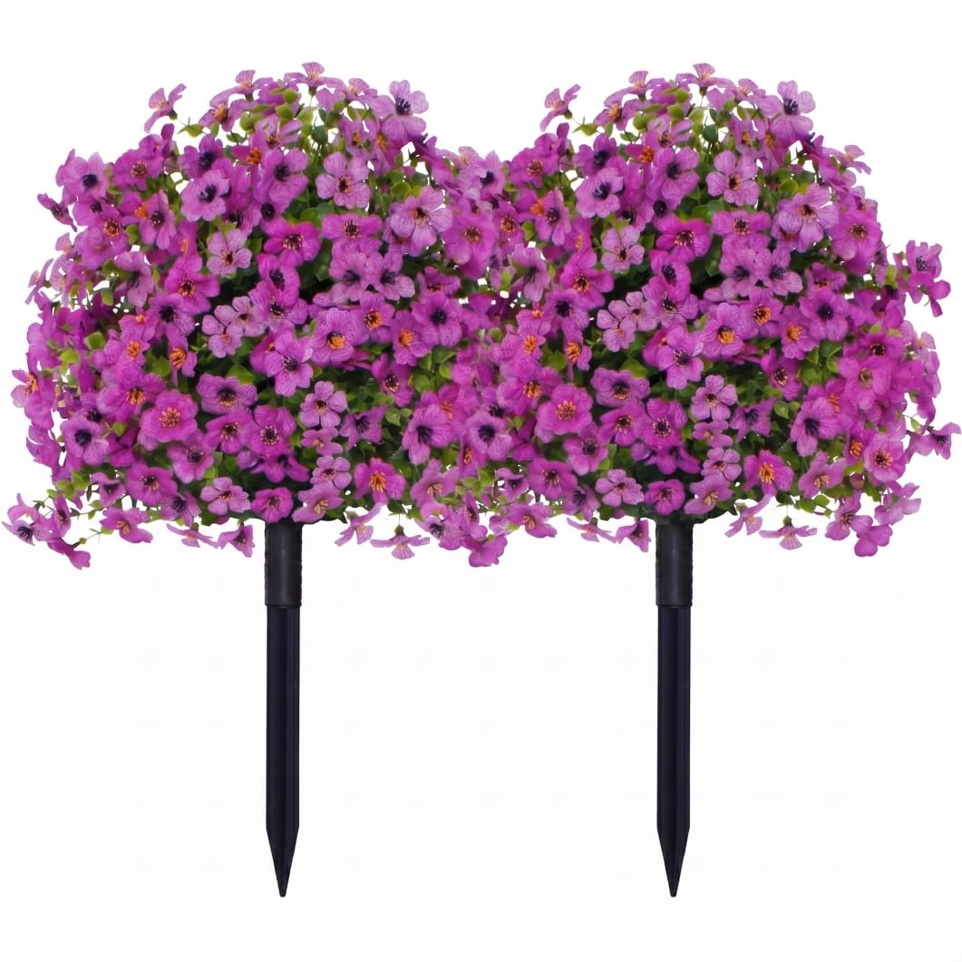 Tsawntd Artificial Flowers With Ground Stakes, 2pcs Artificial Bushes for Outdoors, Outdoor Faux Flowers For Garden & Home Decor, Purple with Stakes Bushes for Outdoors