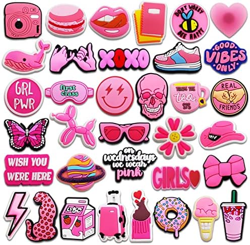 35Pcs Pink Preppy Shoes Charms for Croc Clog Slides Sandals, Fashion Girls Women Shoe Decorations for Bracelets Party Favors (35)